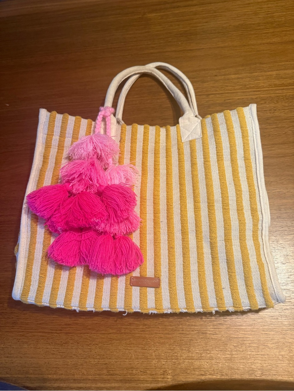 Christian Soriano Striped Tote Bag with Pink Tassel Charm